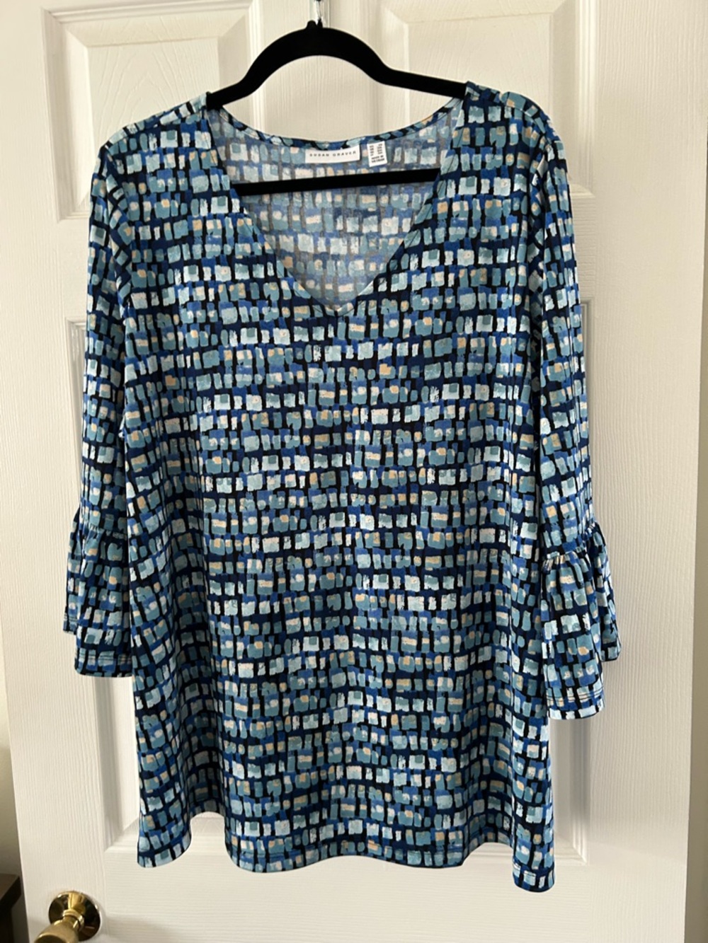 Susan Graver Blue Patterned V-Neck Bell Sleeve Tunic
